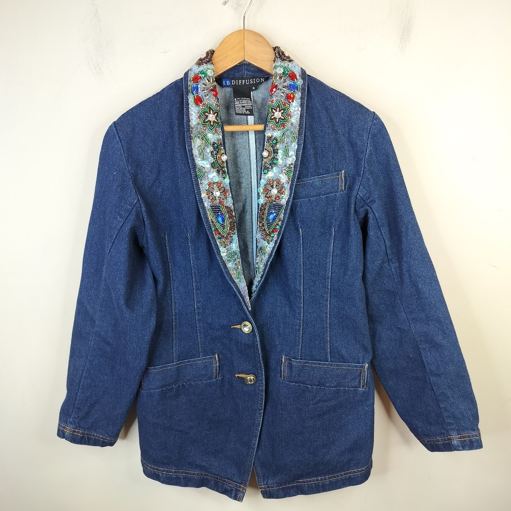I.B. Diffusion Denim Blazer 6 Women's Beaded Sequin Jewel Pearl Vintage